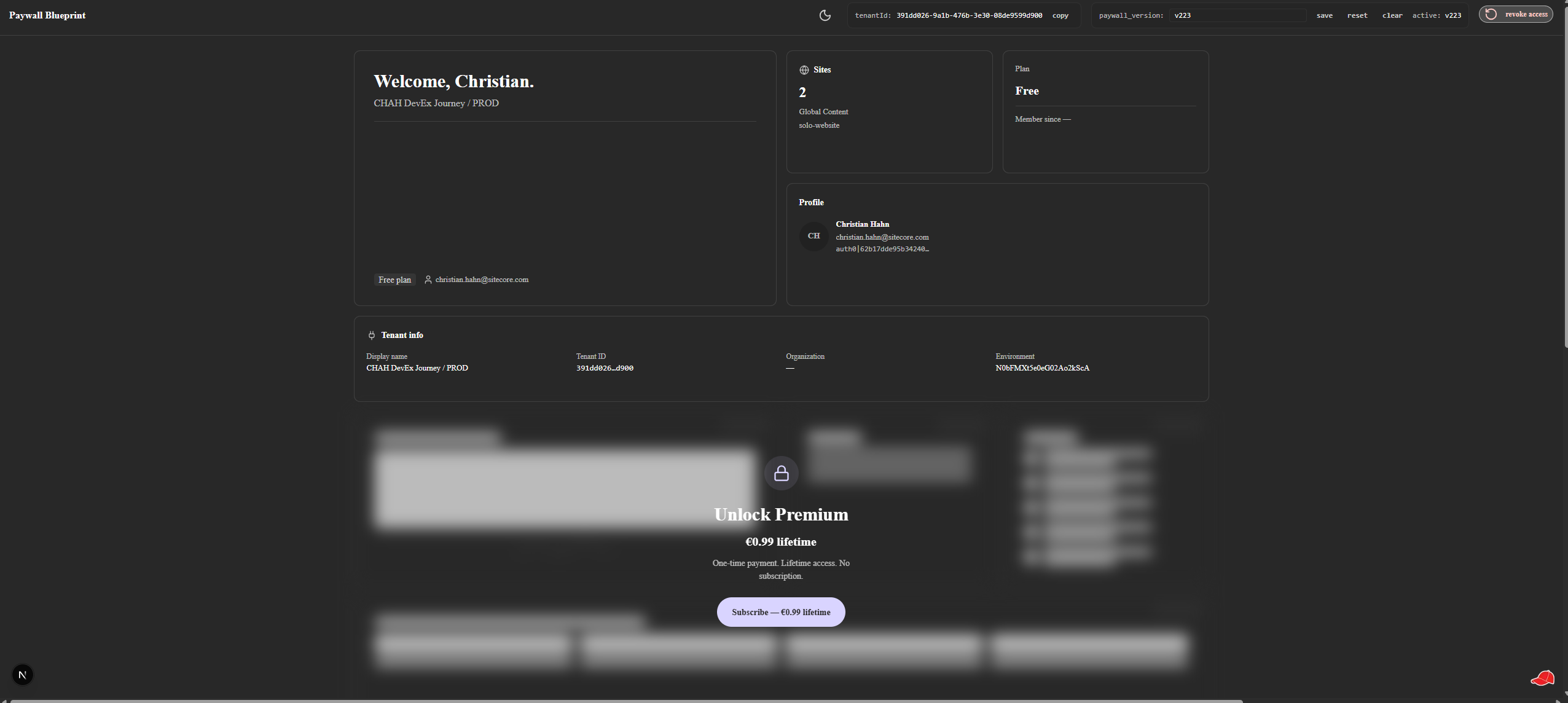 Bento dashboard in locked state — five free cards live across the top, six premium cards blurred behind a centered Subscribe banner.