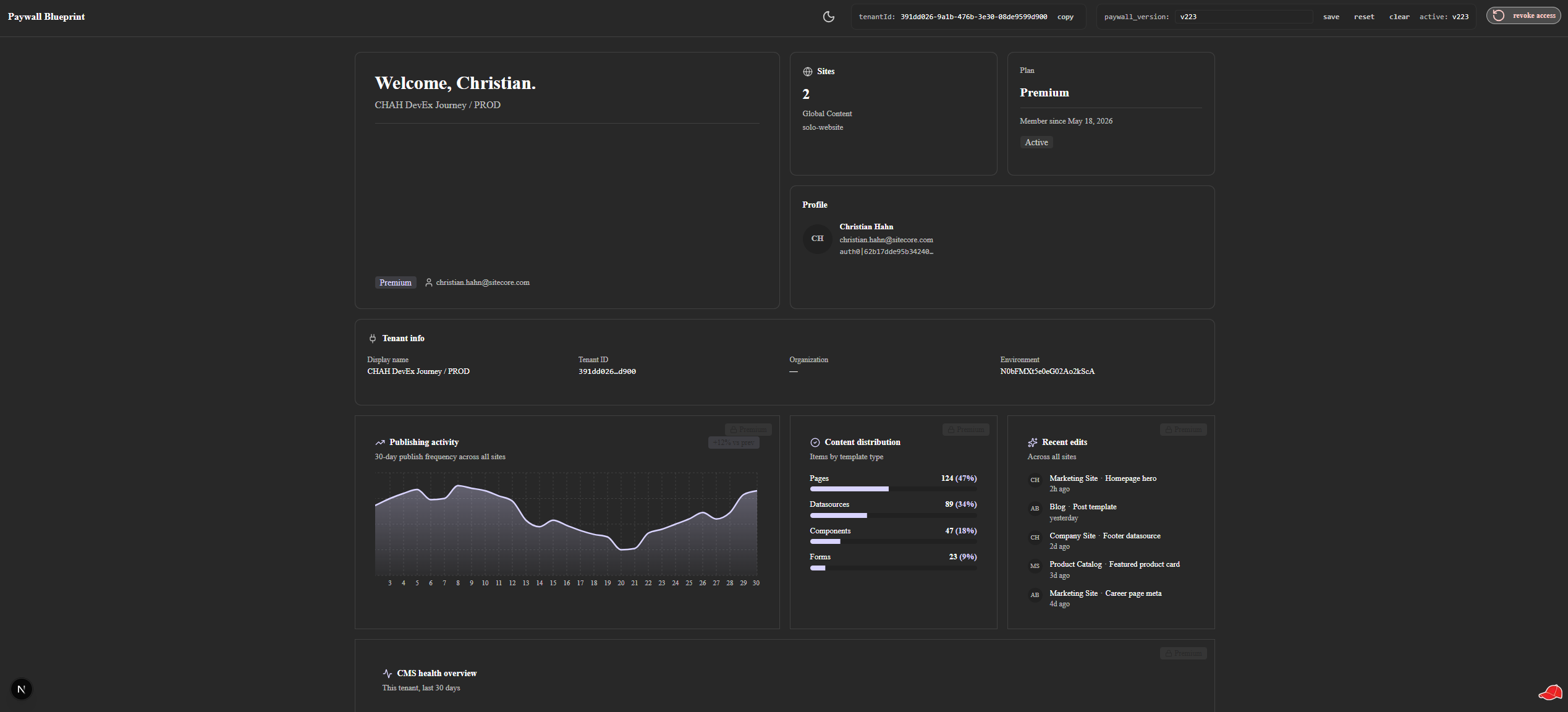 Bento dashboard in unlocked state — all eleven cards visible with a Recharts activity chart, KPI counters, progress bars, content health ring, and forecast sparkline.