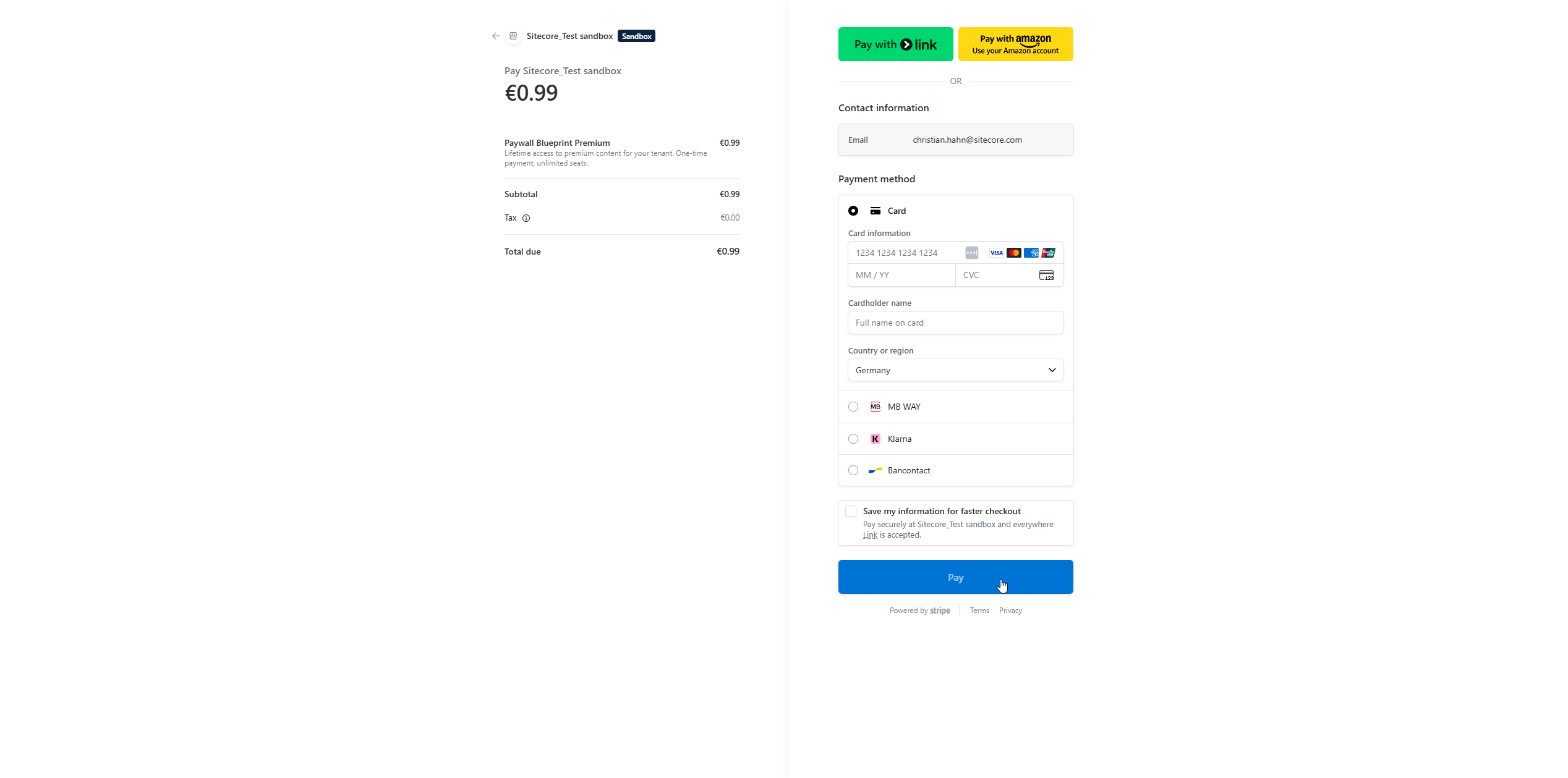 Stripe Checkout sandbox page for Paywall Blueprint Premium — €0.99 one-time payment with Card, Link, Amazon Pay, MB WAY, Klarna, and Bancontact payment methods.
