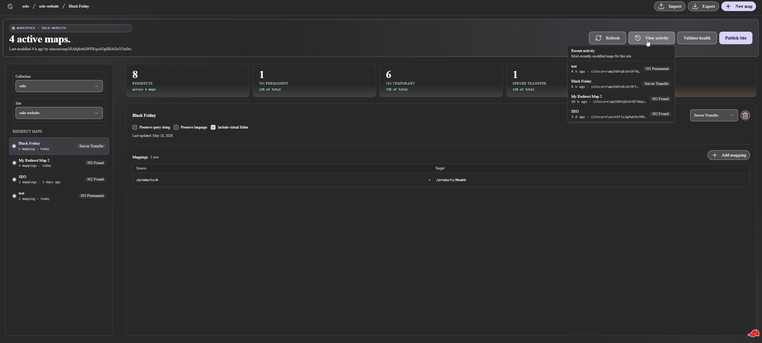 Recent activity dropdown listing the four most recently touched Redirect Maps with timestamps, the user that last edited each, and a redirect type pill on the right edge.