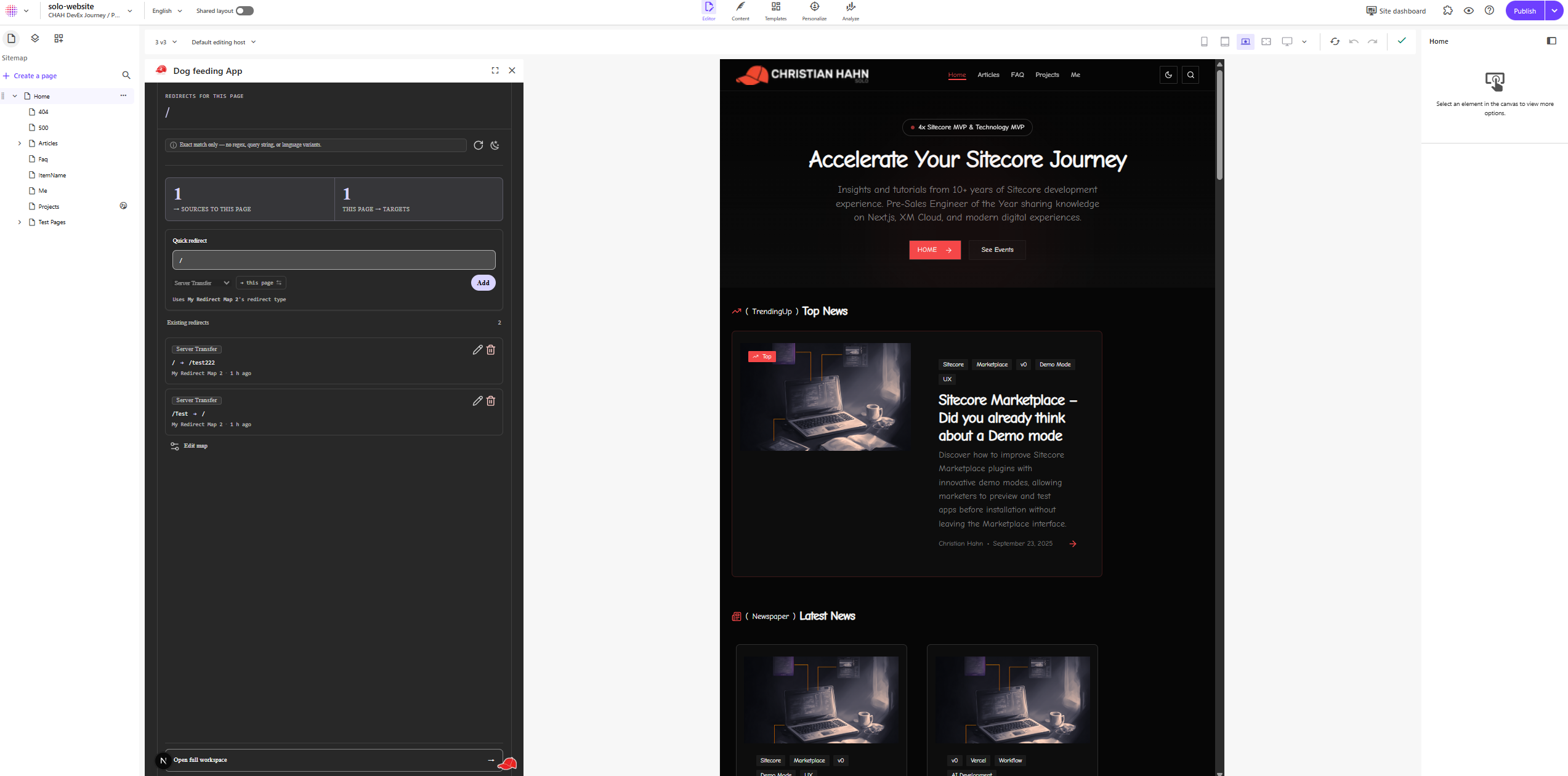 Context Panel inside Pages editor: page route as headline, a compact match-scope notice with inline refresh and theme actions, a two-column split hero with directional counters, a Quick redirect inline form with direction toggle, and an existing redirects list with subtle redirect-type pills.