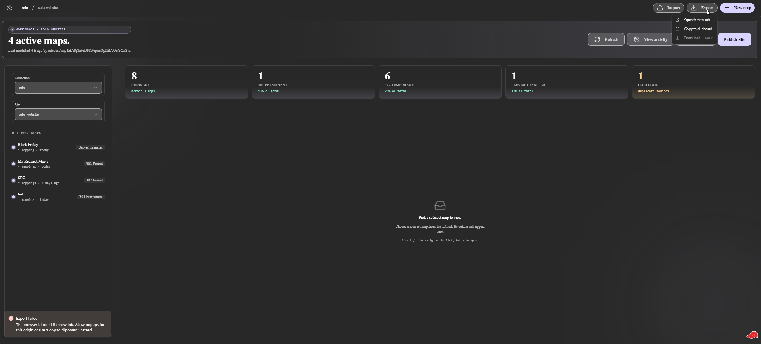 Workspace header showing the Export dropdown opened with three sinks: Open in new tab, Copy to clipboard, Download.