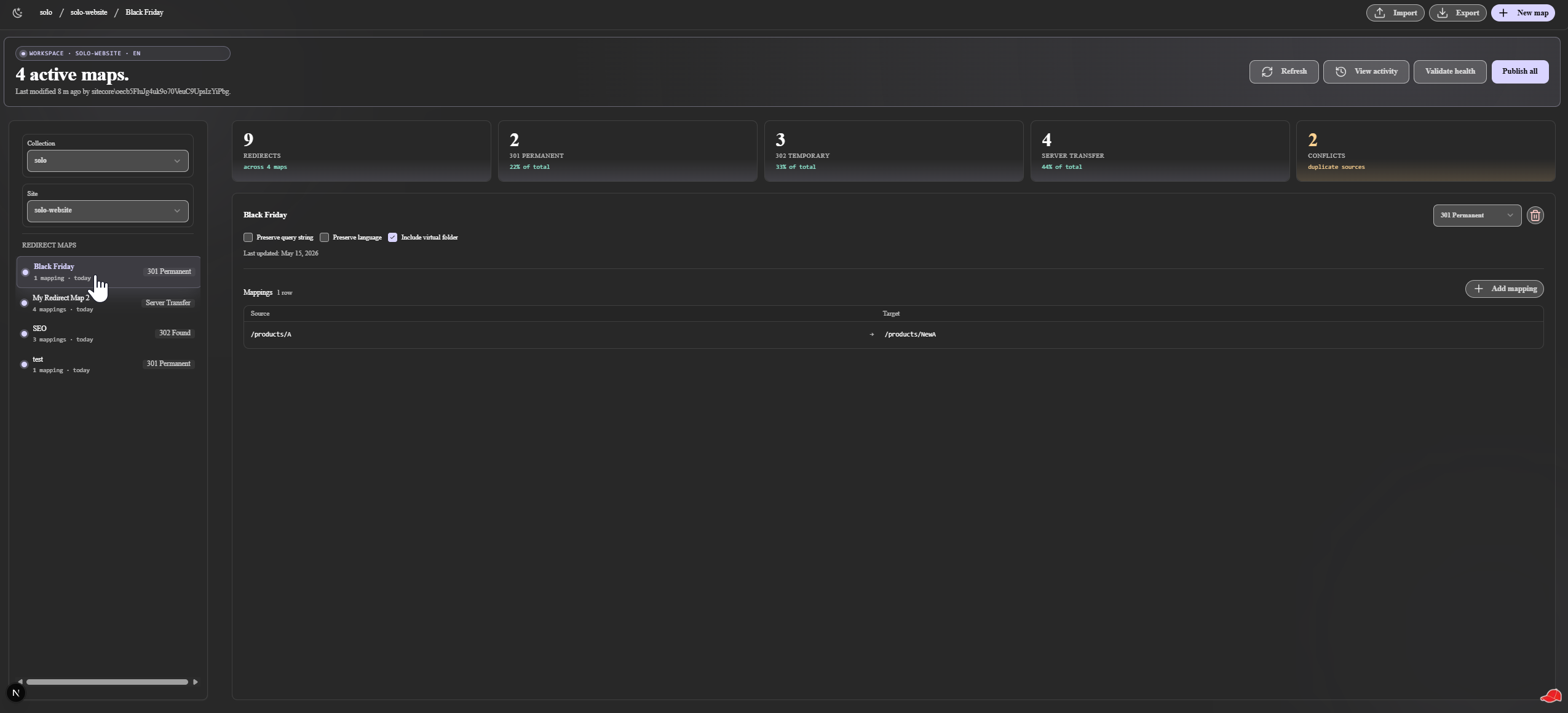 Redirect Manager Full Page surface: workspace hero with a Last modified line, five-tile stat strip (Redirects, 301 Permanent, 302 Temporary, Server Transfer, Conflicts), a wider rail of Redirect Maps, and the mappings table for the selected map.