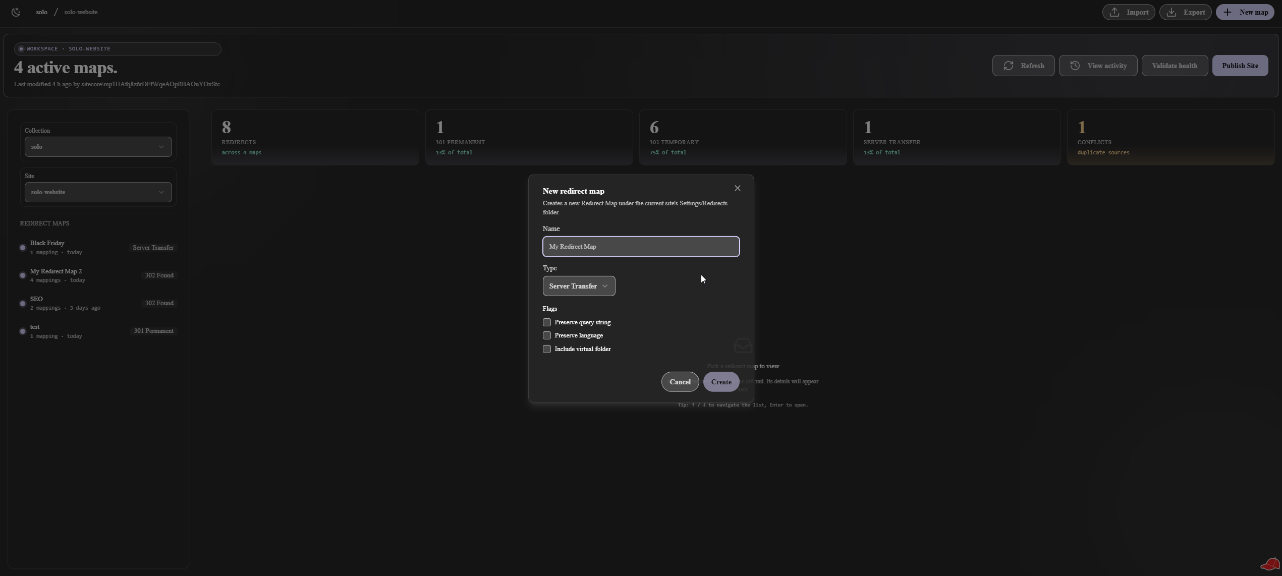New redirect map dialog with Name, Type (Server Transfer dropdown), and three Flags checkboxes for Preserve query string, Preserve language, and Include virtual folder; Cancel and Create buttons.