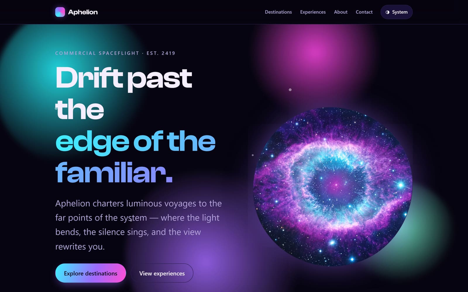 The Aphelion homepage — a nebula against a deep violet hero reading “Drift past the edge of the familiar”