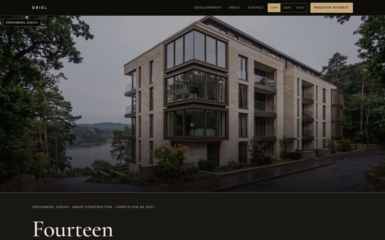 The Oriel homepage — a full-bleed photograph of a lakeside apartment building above a development title