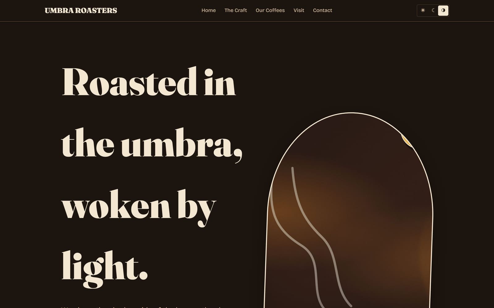 The Umbra Roasters homepage — a warm dark hero reading “Roasted in the umbra, woken by light”