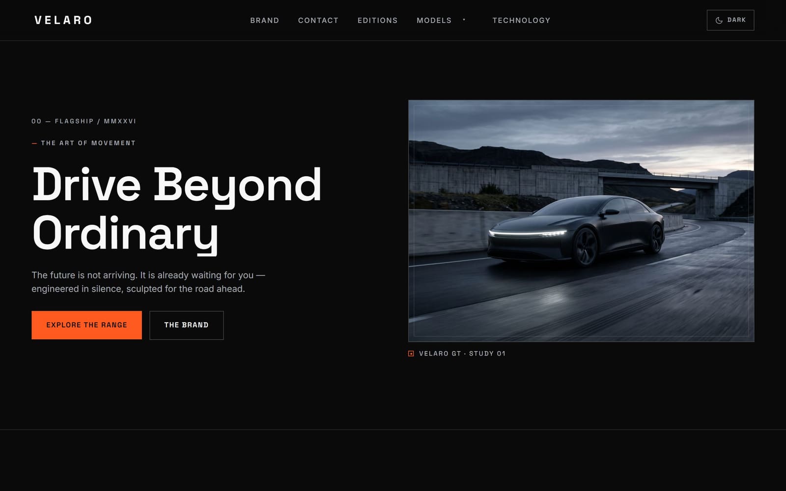 The Velaro homepage — a dark hero reading “Drive Beyond Ordinary” beside a photograph of the flagship car