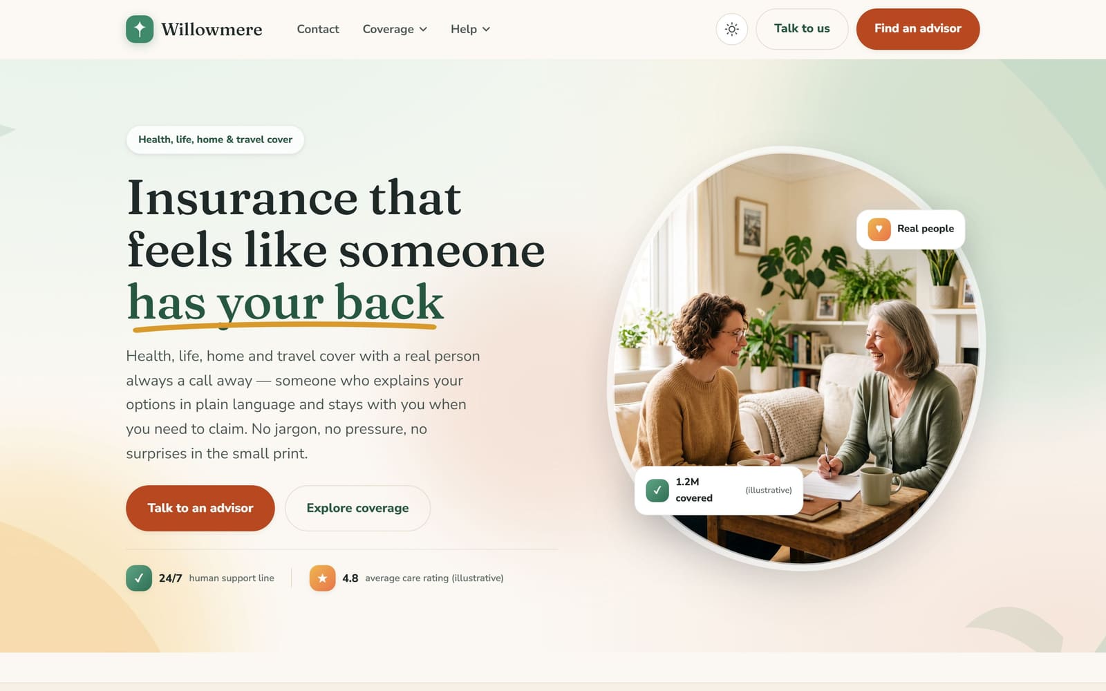The Willowmere homepage — a soft light hero reading “Insurance that feels like someone has your back”