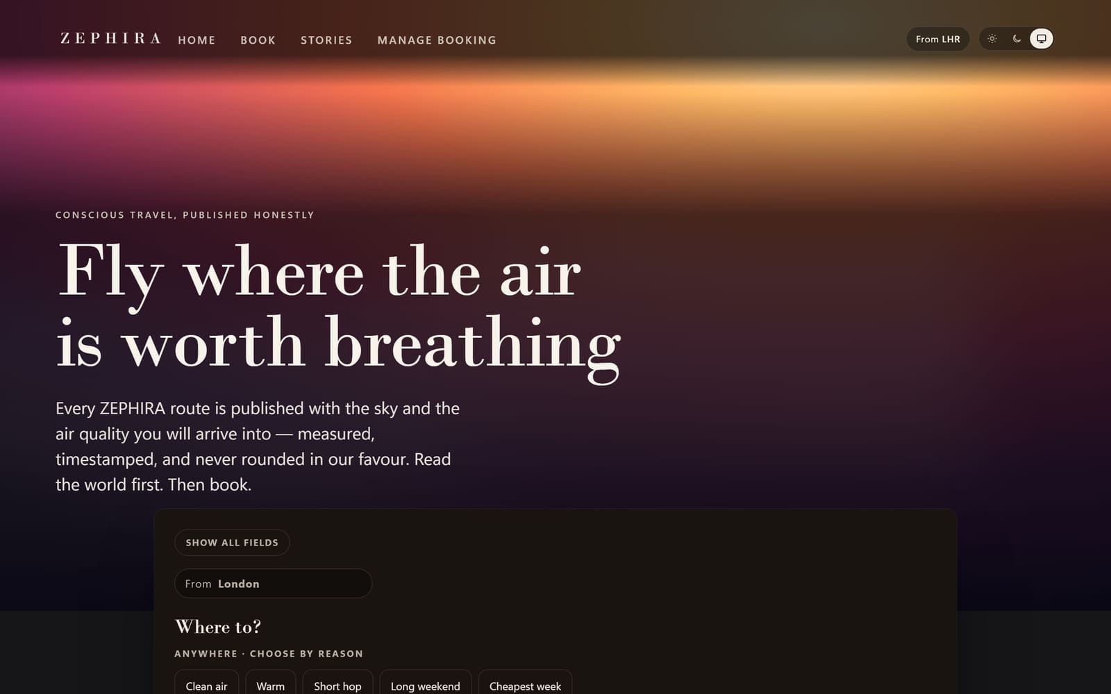 The Zephira homepage — a gradient sky hero reading “Fly where the air is worth breathing” above a booking panel